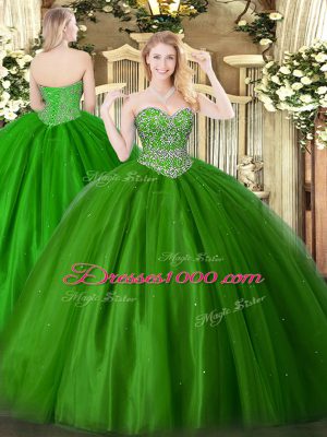 Modest Green Tulle Lace Up Sweetheart Sleeveless Floor Length 15 Quinceanera Dress Beading