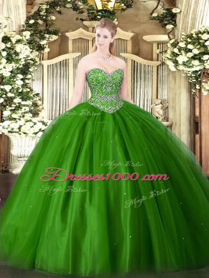 Modest Green Tulle Lace Up Sweetheart Sleeveless Floor Length 15 Quinceanera Dress Beading
