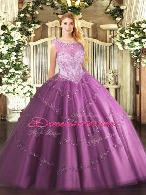 Trendy Floor Length Lilac Sweet 16 Quinceanera Dress Tulle Sleeveless Beading