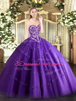 Romantic Purple Tulle Zipper Sweetheart Sleeveless Floor Length Quince Ball Gowns Beading and Appliques