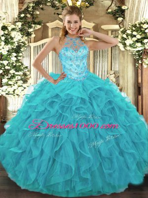 Affordable Floor Length Ball Gowns Sleeveless Aqua Blue Quinceanera Dresses Lace Up