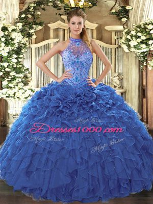 Halter Top Sleeveless Lace Up Quinceanera Gowns Blue Organza