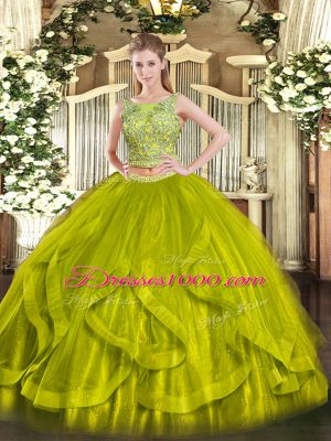 Beading and Ruffles Quinceanera Dresses Olive Green Lace Up Sleeveless Floor Length