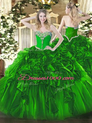 Modest Green Sweetheart Lace Up Beading and Ruffles Quinceanera Gowns Sleeveless