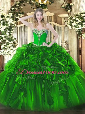 Modest Green Sweetheart Lace Up Beading and Ruffles Quinceanera Gowns Sleeveless