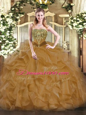 Stunning Brown Lace Up Sweet 16 Quinceanera Dress Beading and Ruffles Sleeveless Floor Length