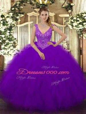 Purple V-neck Zipper Beading and Ruffles Quinceanera Dress Sleeveless