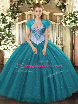 Top Selling Teal Sweetheart Neckline Beading and Sequins Quince Ball Gowns Sleeveless Lace Up