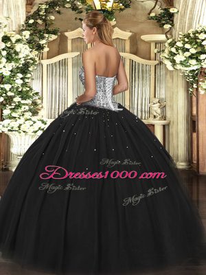 Popular Sweetheart Sleeveless 15 Quinceanera Dress Floor Length Beading Black Tulle