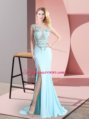 Affordable Sleeveless Sweep Train Beading Backless Party Dresses