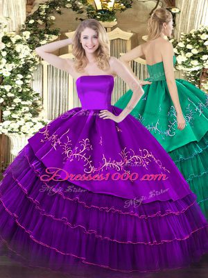 Comfortable Strapless Sleeveless Quinceanera Dresses Floor Length Embroidery and Ruffled Layers Purple Organza and Taffeta