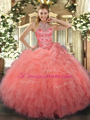 Excellent Watermelon Red Sleeveless Beading and Embroidery Floor Length Quinceanera Dress