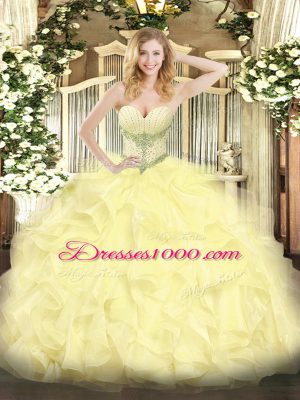 Cheap Yellow Organza Lace Up Sweet 16 Quinceanera Dress Sleeveless Floor Length Beading and Ruffles
