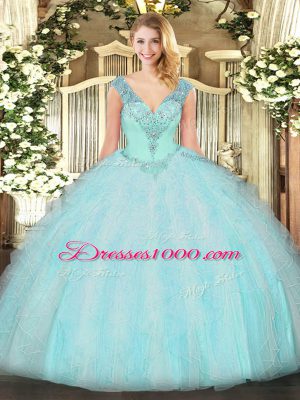 Aqua Blue Lace Up V-neck Ruffles Quince Ball Gowns Organza Sleeveless