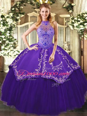 Halter Top Sleeveless Tulle Quince Ball Gowns Beading and Embroidery Lace Up