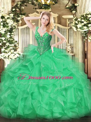 Green Ball Gowns V-neck Sleeveless Organza Floor Length Lace Up Beading and Ruffles Quinceanera Dress