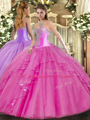 Pretty Sweetheart Sleeveless Lace Up Quince Ball Gowns Fuchsia Tulle