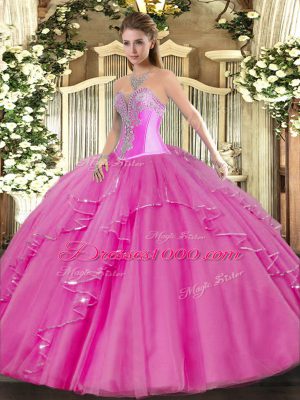 Pretty Sweetheart Sleeveless Lace Up Quince Ball Gowns Fuchsia Tulle