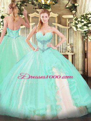 Modest Apple Green Sweetheart Lace Up Beading and Ruffles Quinceanera Gown Sleeveless