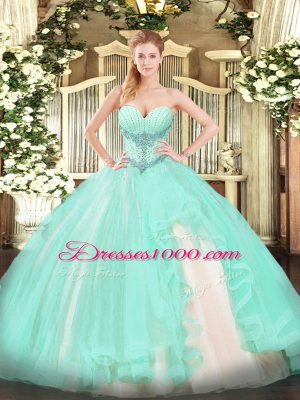 Modest Apple Green Sweetheart Lace Up Beading and Ruffles Quinceanera Gown Sleeveless