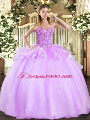 High Class Lilac Ball Gowns Organza Sweetheart Sleeveless Embroidery Floor Length Lace Up Sweet 16 Quinceanera Dress