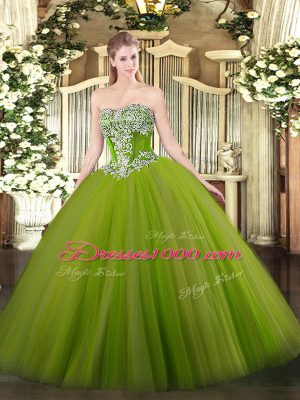 Pretty Floor Length Olive Green Sweet 16 Quinceanera Dress Tulle Sleeveless Beading