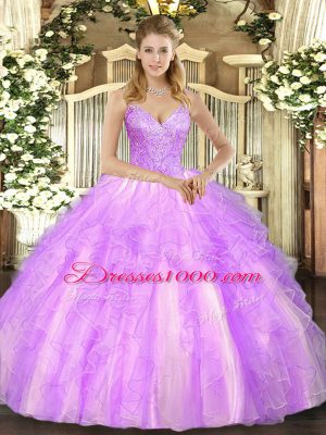 Clearance Beading and Ruffles Ball Gown Prom Dress Lilac Lace Up Sleeveless Floor Length