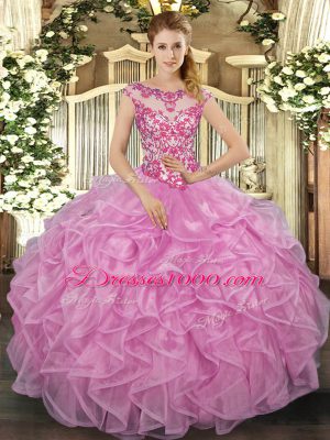Nice Cap Sleeves Lace Up Floor Length Beading and Appliques and Ruffles Vestidos de Quinceanera