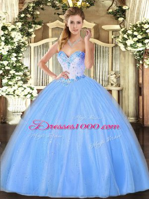 Graceful Baby Blue Sleeveless Floor Length Beading Lace Up Quinceanera Gowns