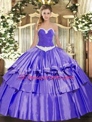 Floor Length Lace Up Quinceanera Dress Lavender for Military Ball and Sweet 16 and Quinceanera with Appliques and Ruffled Layers