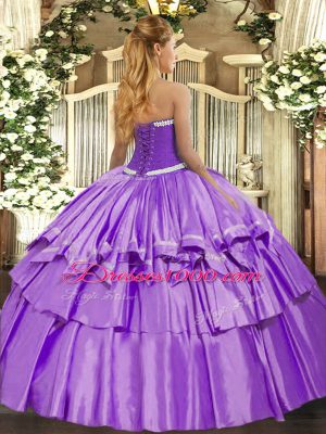 Floor Length Lace Up Quinceanera Dress Lavender for Military Ball and Sweet 16 and Quinceanera with Appliques and Ruffled Layers
