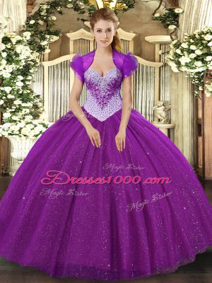 Stylish Eggplant Purple Tulle Lace Up Sweetheart Sleeveless Floor Length Ball Gown Prom Dress Beading and Sequins