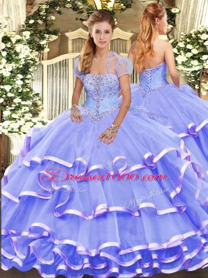 Lavender Organza Lace Up Strapless Sleeveless Floor Length Quinceanera Gowns Appliques and Ruffled Layers