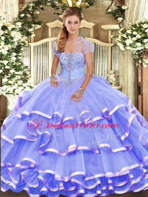 Lavender Organza Lace Up Strapless Sleeveless Floor Length Quinceanera Gowns Appliques and Ruffled Layers