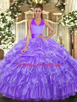 Suitable Lavender Sleeveless Organza Lace Up Quinceanera Gowns for Military Ball and Sweet 16 and Quinceanera