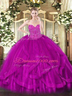 Affordable Fuchsia Lace Up Sweetheart Beading and Ruffles Quinceanera Dress Tulle Sleeveless