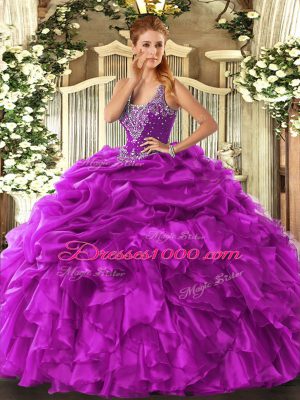 Fuchsia Lace Up Quinceanera Dresses Beading and Ruffles and Pick Ups Sleeveless Floor Length
