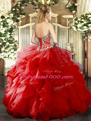 Deluxe Fuchsia Sleeveless Floor Length Beading and Ruffles Lace Up Sweet 16 Dress