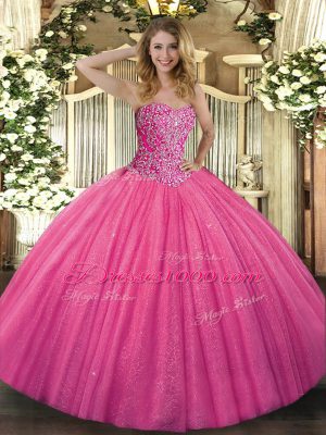 Floor Length Hot Pink Quinceanera Gown Tulle Sleeveless Beading