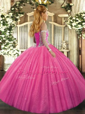 Floor Length Hot Pink Quinceanera Gown Tulle Sleeveless Beading