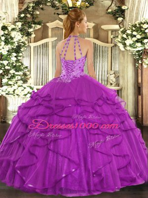Fuchsia Halter Top Neckline Beading and Ruffles Sweet 16 Quinceanera Dress Sleeveless Lace Up