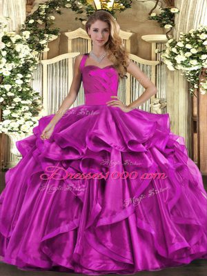Dazzling Fuchsia Ball Gowns Ruffles Quince Ball Gowns Lace Up Organza Sleeveless Floor Length