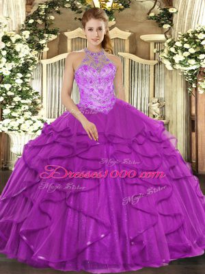 Floor Length Purple Sweet 16 Dress Organza Sleeveless Beading and Ruffles