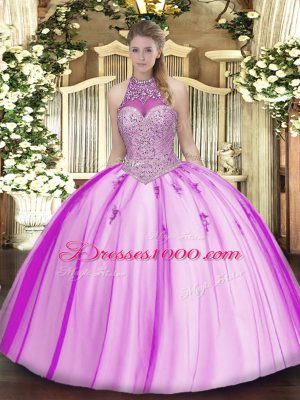 Wonderful Sleeveless Floor Length Beading and Appliques Lace Up Quinceanera Gown with Fuchsia