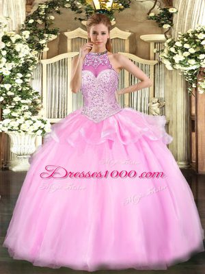 Glittering Halter Top Sleeveless Lace Up Sweet 16 Dresses Pink Tulle