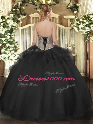 Glittering Halter Top Sleeveless Lace Up Sweet 16 Dresses Pink Tulle