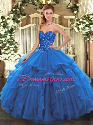 Stylish Blue Tulle Lace Up Vestidos de Quinceanera Sleeveless Floor Length Beading and Ruffles