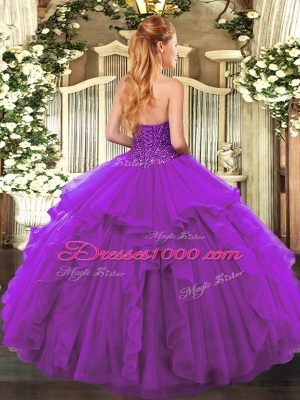 Stylish Blue Tulle Lace Up Vestidos de Quinceanera Sleeveless Floor Length Beading and Ruffles