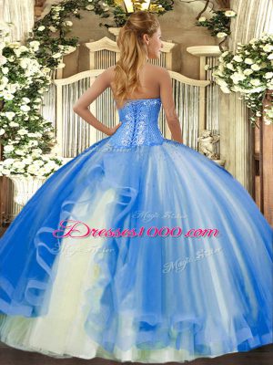 Blue Ball Gowns Tulle Sweetheart Sleeveless Beading and Ruffles Floor Length Lace Up Sweet 16 Quinceanera Dress