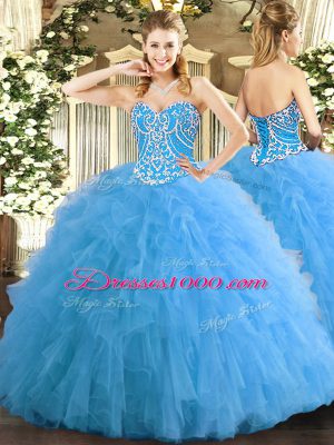 Best Selling Aqua Blue Ball Gowns Sweetheart Sleeveless Tulle Floor Length Lace Up Beading and Ruffles Sweet 16 Quinceanera Dress